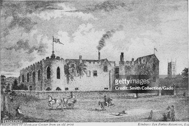 Engraving of the Taunton Castle in Taunton, Somerset, England, from the book "Towns of New England and old England, Ireland, and Scotland" by the...