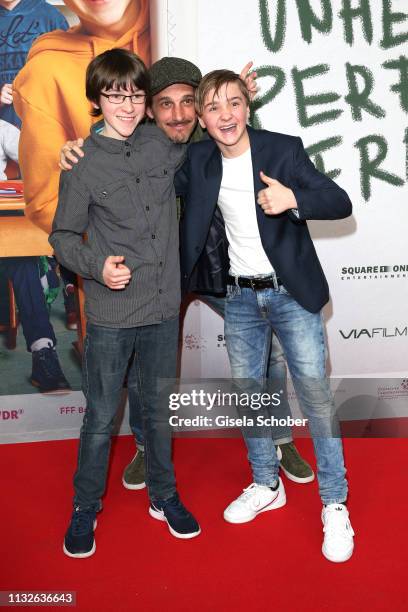 Jona Gaennslen, Max von Thun, Luis Vorbach during the premiere of the film "Unheimlich perfekte Freunde" at Mathaeser Filmpalast on March 24, 2019 in...