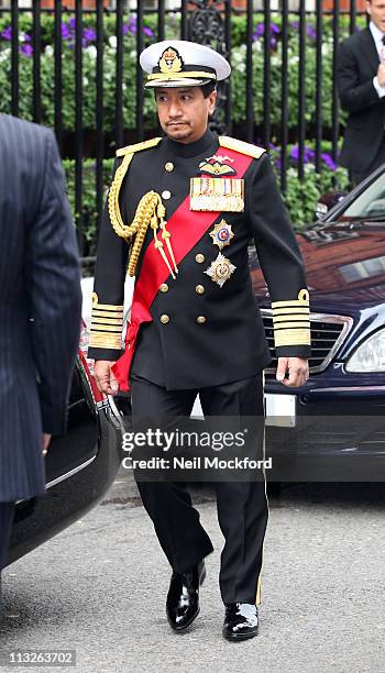Majesty Tuanku Mizan Zainal Abidin departs Claridge's hotel to attend the wedding of Prince William and Miss Catherine Middleton on April 29, 2011 in...
