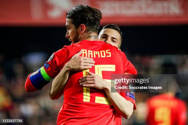 Sergio Ramos of Spain, Jordi Alba of Spain during the EURO Qualifier match between Spain v Norway at the Estadio de Mestalla on March 23, 2019 in...