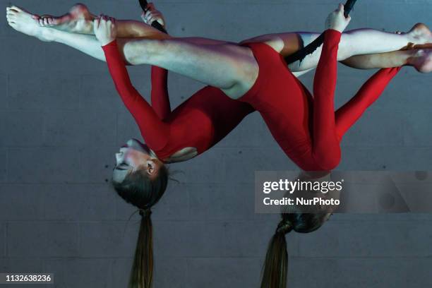 Eszter Pearl and Danii Batkin perfom on the aerial hoop during the Tribe Showcase and Party 2019, organised by Tribe Fitness &amp; Dance Studio owned...