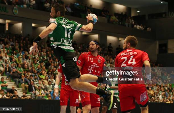 Tiago Rocha of Sporting CP with Gasper Marguc of Telekom Veszprem HC in action during the EHF Champions League match between Sporting CP and Veszprem...