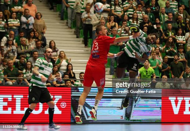 Pedro Veitia Valdez of Sporting CP with Momir Ilic of Telekom Veszprem HC in action during the EHF Champions League match between Sporting CP and...