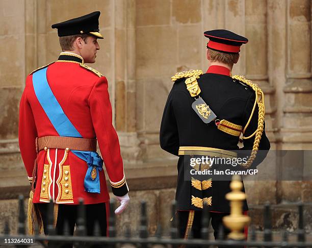 Prince William of Wales and best man Prince Harry arrive to attend the Royal Wedding of Prince William to Catherine Middleton at Westminster Abbey on...