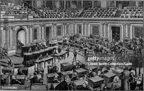 Engraving of the United States Senate chamber in Washington, District of Columbia, from the book "The political history of the United States" by...