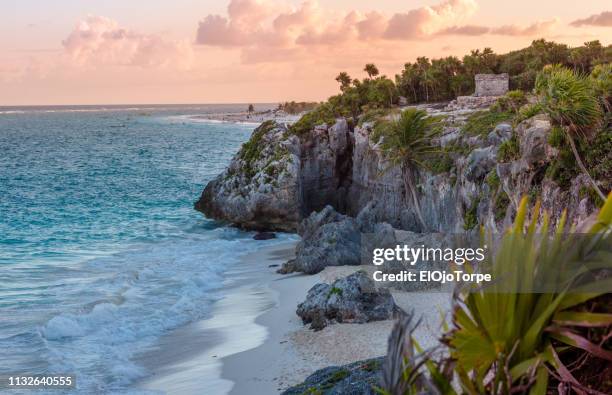 ruins in tulum in coastline, beach, sunset, mexico - tulum foto e immagini stock