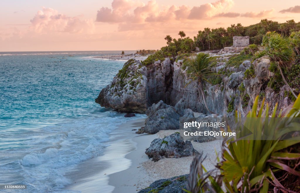 Ruins in Tulum in coastline, beach, sunset, Mexico