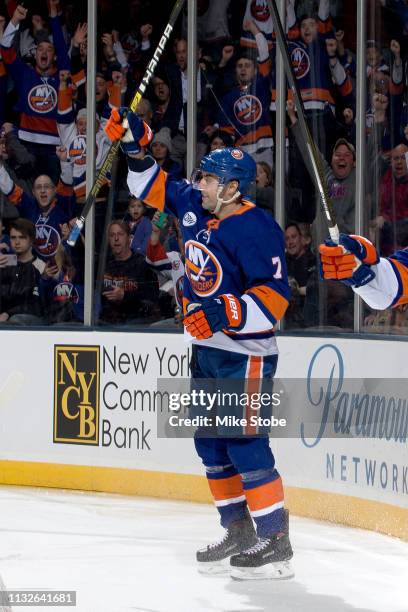 Jordan Eberle of the New York Islanders celebrates his first period goal against the Arizona Coyotes at NYCB Live's Nassau Coliseum on March 24, 2019...