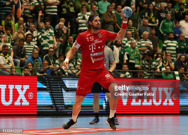 Laszlo Nagy of Telekom Veszprem HC in action during the EHF Champions League match between Sporting CP and Veszprem HC at Pavilhao Joao Rocha on...