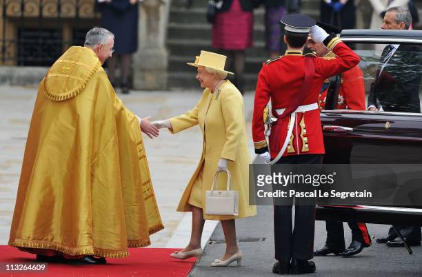Queen Elizabeth II and Prince Philip, Duke of Edinburgh arrive to attend the Royal Wedding of Prince William to Catherine Middleton at Westminster...