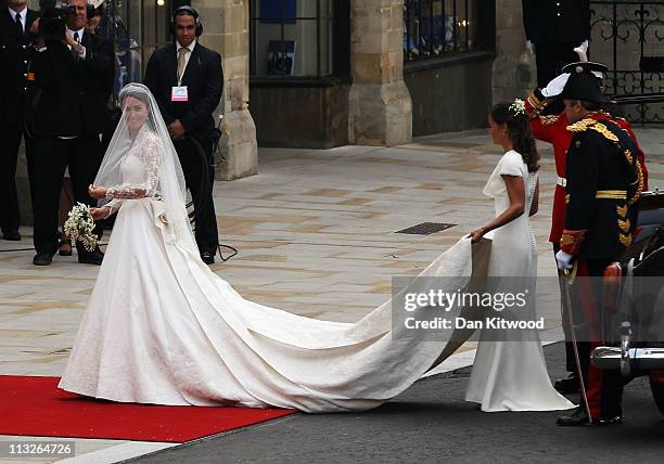 Catherine Middleton arrives to attend the Royal Wedding of Prince William to Catherine Middleton at Westminster Abbey on April 29, 2011 in London,...