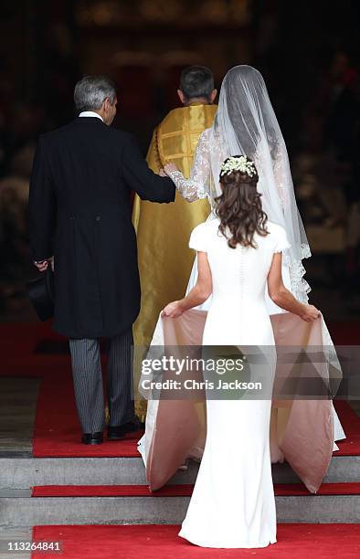 Catherine Middleton with the father Michael Middleton and Maid of Honour Pippa Middleton arrive to attend her Royal Wedding to Prince William at...