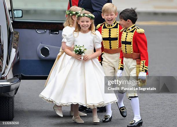 Tom Pettifer laughs as he arrives with Master William Lowther-Pinkerton, Lady Louise Windsor and Margarita Armstrong-Jones to attend the Royal...