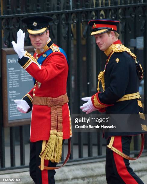 Prince William and Prince Harry arrive to attend the Royal Wedding of Prince William to Catherine Middleton at Westminster Abbey on April 29, 2011 in...