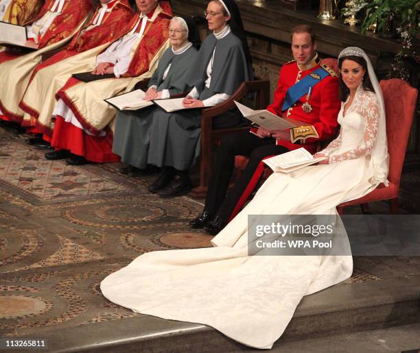 Prince William and Catherine Middleton during their wedding service in Westminster Abbey on April 29, 2011 in London, England. The marriage of the...