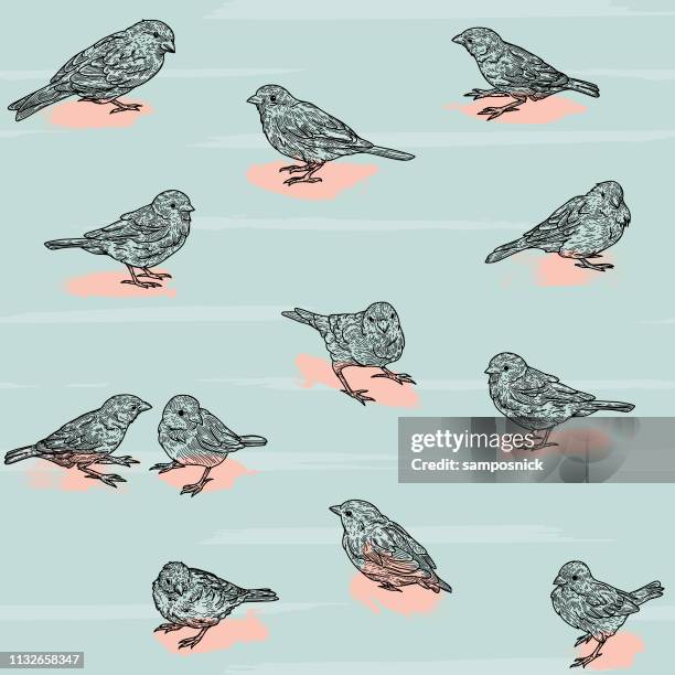 retro 80s seamless scattered sparrow bird pattern - pink feathers stock illustrations