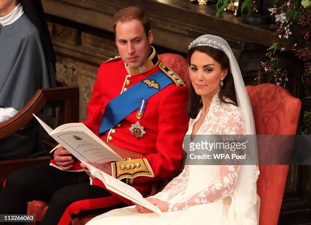 Prince William and Catherine Middleton during their wedding service in Westminster Abbey on April 29, 2011 in London, England. The marriage of the...