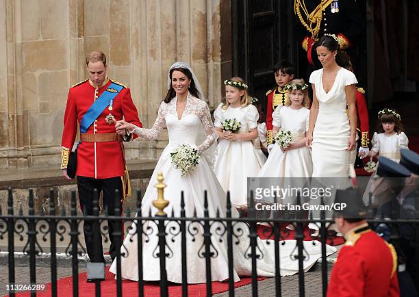 Their Royal Highnesses Prince William Duke of Cambridge and Catherine Duchess of Cambridge exit Westminster Abbey after their Royal Wedding followed...