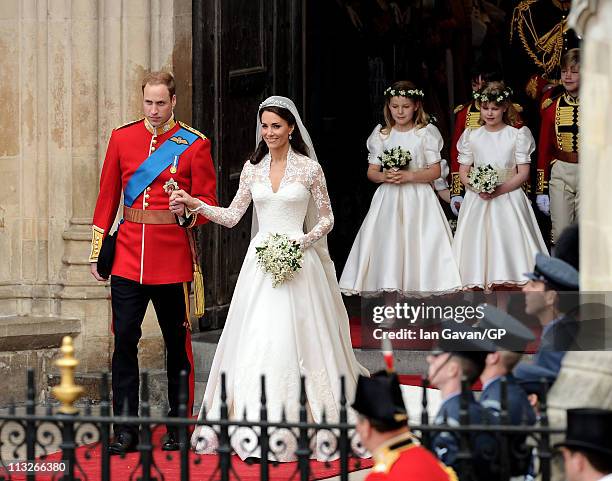 Their Royal Highnesses Prince William Duke of Cambridge and Catherine Duchess of Cambridge exit Westminster Abbey after their Royal Wedding followed...