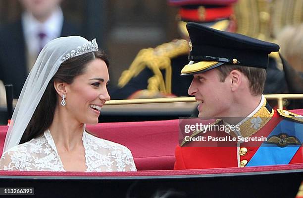 Their Royal Highnesses Prince William, Duke of Cambridge and Catherine, Duchess of Cambridge prepare to begin their journey by carriage procession to...