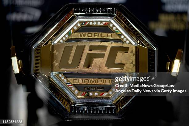 Championship belt on display during UFC 235 Ultimate Media Day at the T-Mobile Arena in Las Vegas, NV, Wednesday, February 27.
