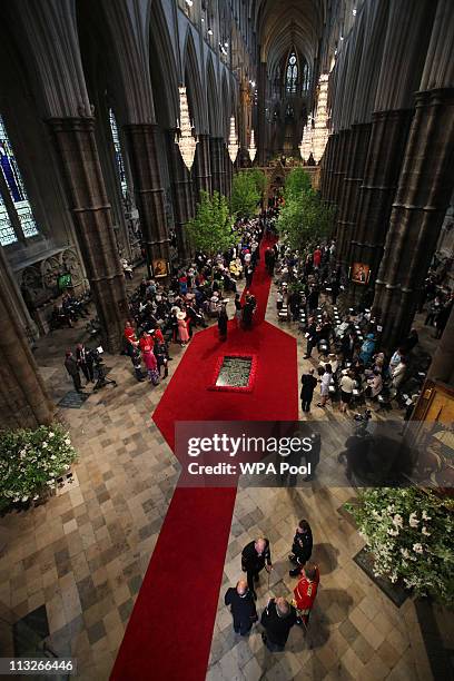 Guests arrive in Westminster Abbey ahead of the Royal Wedding of Prince William to Catherine Middleton at Westminster Abbey on April 29, 2011 in...