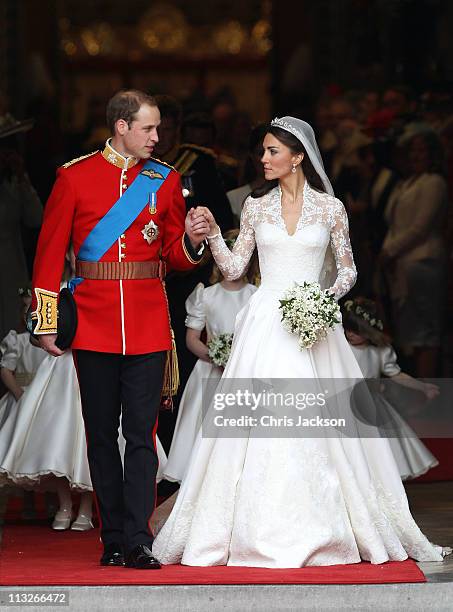 Prince William, Duke of Cambridge and Catherine, Duchess of Cambridge smile following their marriage at Westminster Abbey on April 29, 2011 in...