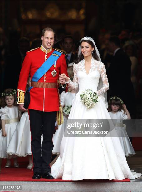 Prince William, Duke of Cambridge and Catherine, Duchess of Cambridge smile following their marriage at Westminster Abbey on April 29, 2011 in...