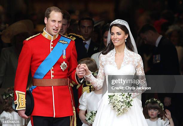 Prince William, Duke of Cambridge and Catherine, Duchess of Cambridge smile following their marriage at Westminster Abbey on April 29, 2011 in...