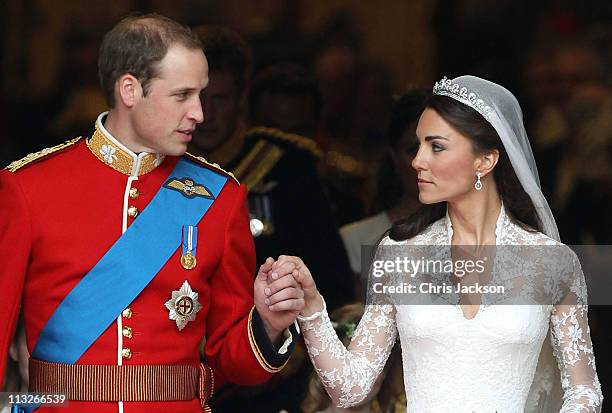 Prince William, Duke of Cambridge and Catherine, Duchess of Cambridge smile following their marriage at Westminster Abbey on April 29, 2011 in...