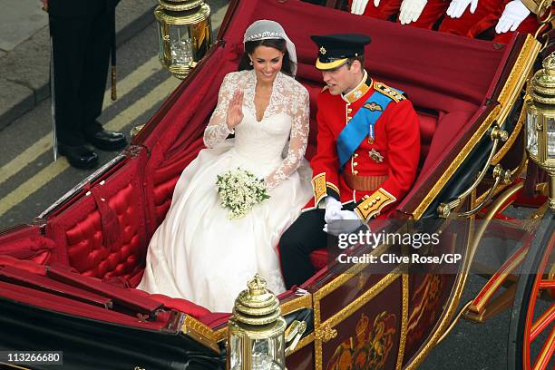 Prince William, Duke of Cambridge and Catherine, Duchess of Cambridge leave Westminster Abbey after the Royal Wedding of Prince William to Catherine...