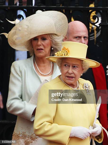 Camilla, Duchess of Cornwall and Queen Elizabeth II depart for a procession to Buckingham Palace following the marriage of Their Royal Highnesses...