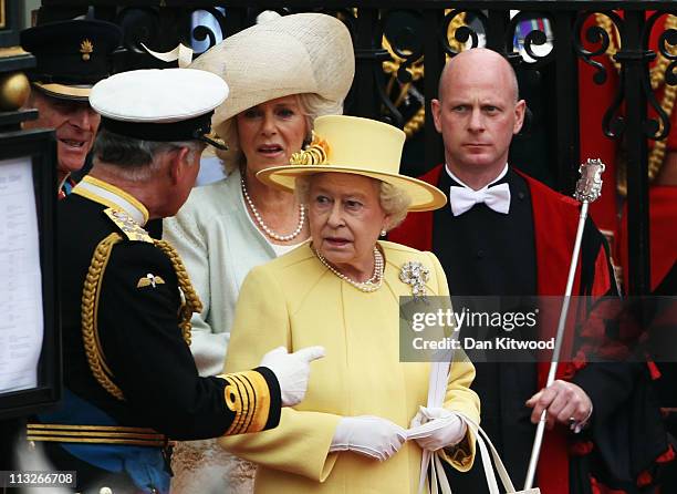 Camilla, Duchess of Cornwall and HRH Prince Charles, Prince of Wales and Queen Elizabeth II depart for a procession to Buckingham Palace following...