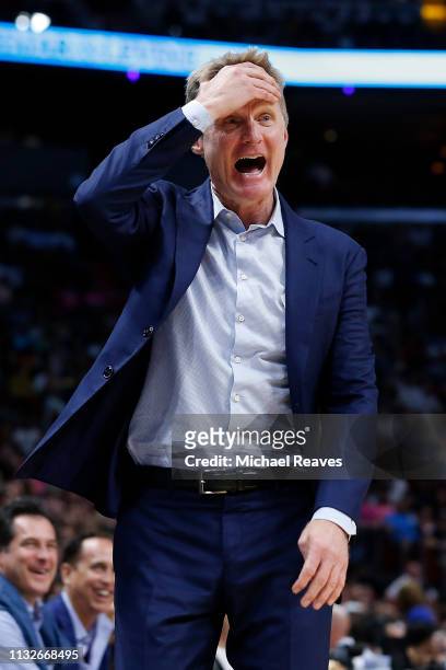 Head coach Steve Kerr of the Golden State Warriors reacts against the Miami Heat during the second half at American Airlines Arena on February 27,...