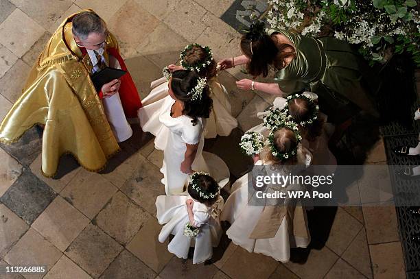 Maid of Honour Pippa Middleton , sister of Catherine Middleton, and bridesmaids speak to Stephen Lamport , Receiver General of Westminster Abbey as...