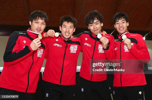 Team Japan pose with their gold medals won during the team competition at the Men's Epee World Cup on March 24, 2019 at the Centro Nacional De Alto...