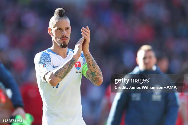 Marek Hamsik of Slovakia during the 2020 UEFA European Championships group E qualifying match between Wales and Slovakia at Cardiff City Stadium on...