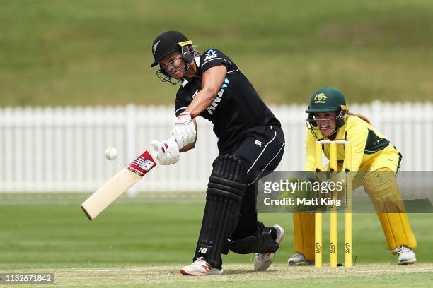 Suzie Bates of New Zealand bats during the Governor-General's XI v New Zealand Tour match at Drummoyne Oval on February 28, 2019 in Sydney, Australia.