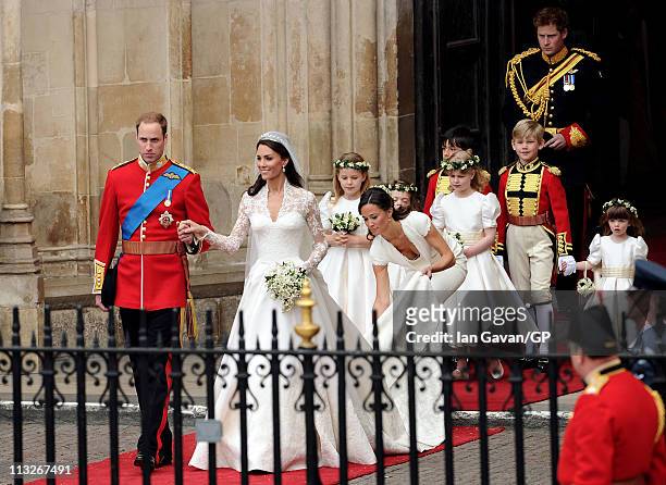 Their Royal Highnesses Prince William Duke of Cambridge and Catherine Duchess of Cambridge exit Westminster Abbey after their Royal Wedding followed...