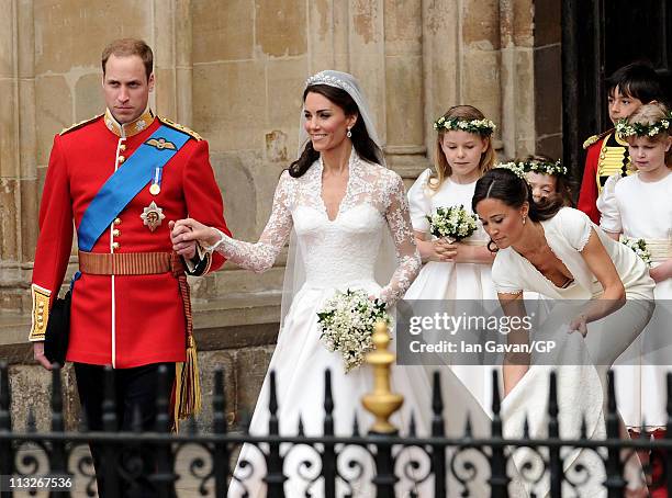 Their Royal Highnesses Prince William Duke of Cambridge and Catherine Duchess of Cambridge exit Westminster Abbey after their Royal Wedding followed...