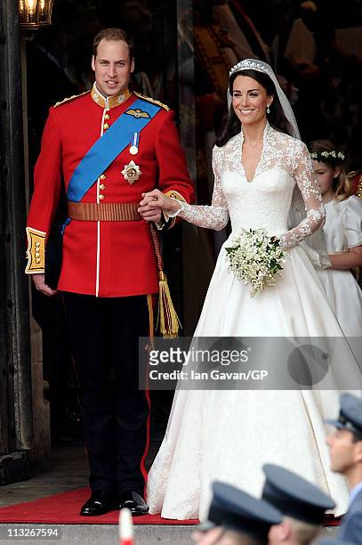 Their Royal Highnesses Prince William Duke of Cambridge and Catherine Duchess of Cambridge exit Westminster Abbey after their Royal Wedding on April...
