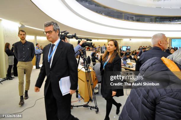 Delegation members leave the room prior to the address by Venezuelan Foreign Minister Jorge Arreaza at a session of the United Nations Human Rights...