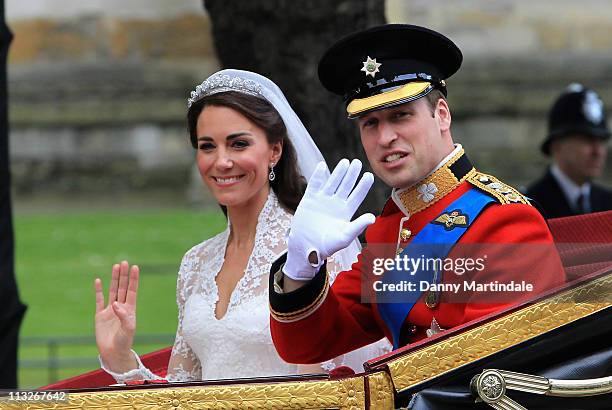 Their Royal Highnesses Prince William, Duke of Cambridge and Catherine, Duchess of Cambridge make their journey by carriage procession to Buckingham...