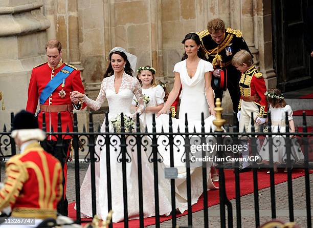 Their Royal Highnesses Prince William Duke of Cambridge and Catherine Duchess of Cambridge exit Westminster Abbey after their Royal Wedding followed...