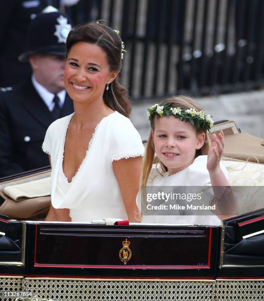 Sister of the Bride and Maid of Honour Pippa Middleton and bridesmaid Margarita Armstrong-Jones depart the Royal Wedding of Prince William to...