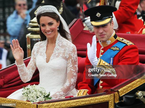 Their Royal Highnesses Prince William, Duke of Cambridge and Catherine, Duchess of Cambridge journey by carriage procession to Buckingham Palace...