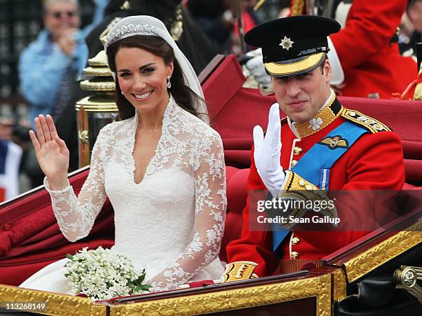 Their Royal Highnesses Prince William, Duke of Cambridge and Catherine, Duchess of Cambridge journey by carriage procession to Buckingham Palace...