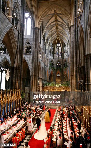 Catherine Middleton is led down the aisle by her father Michael Middleton at Westminster Abbey on April 29, 2011 in London, England. The marriage of...