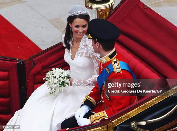 Their Royal Highnesses Prince William, Duke of Cambridge and Catherine, Duchess of Cambridge prepare to begin their journey by carriage procession to...