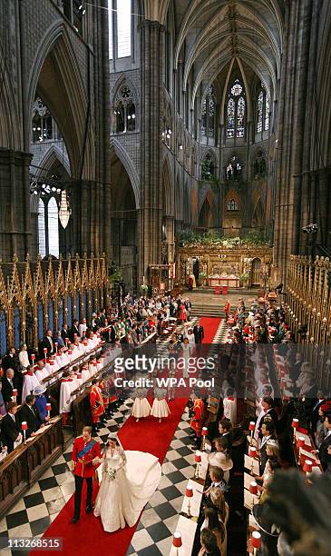 Prince William, Duke of Cambridge and Catherine, Duchess of Cambridge leave Westminster Abbey following their marriage ceremony, on April 29, 2011 in...